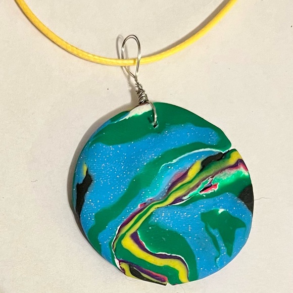 Large Handmade Clay Necklace Reversible Blue with Yellow Cord - Picture 2 of 8